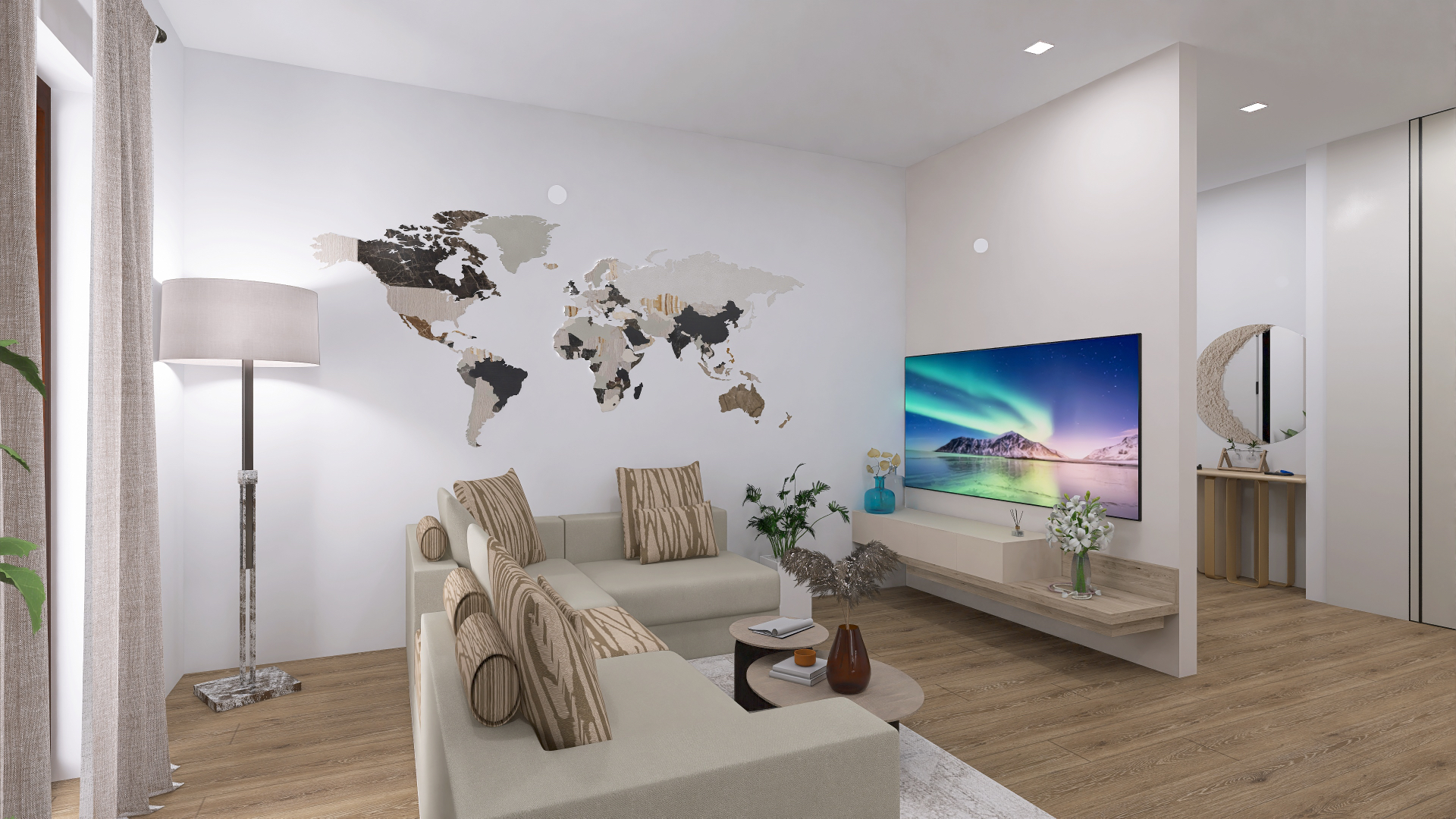 Soggiorno di Casa G ad Aci Castello con divani chiari, mappa del mondo a parete e parete TV sospesa