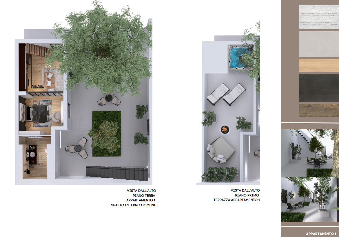 Tavola di progetto dell'Appartamento 1 della casa indipendente a Catania: viste dall'alto del piano terra, dello spazio esterno comune e della terrazza al piano primo