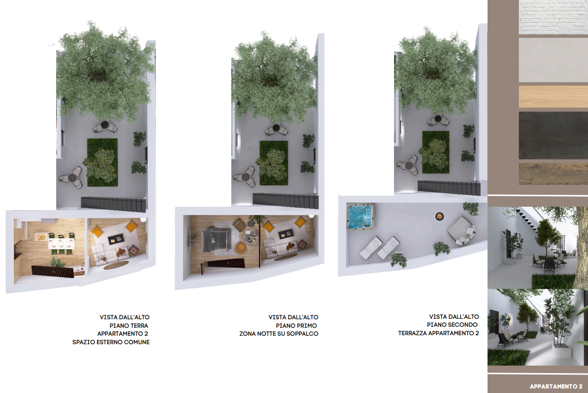Tavola di progetto dell'Appartamento 2 della casa indipendente a Catania: viste dall'alto del piano terra, della zona notte su soppalco e della terrazza al piano secondo
