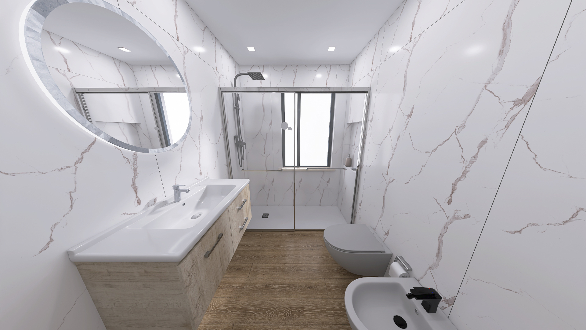 Bagno di Casa G ad Aci Castello rivestito in gres effetto marmo con doccia e specchio retroilluminato