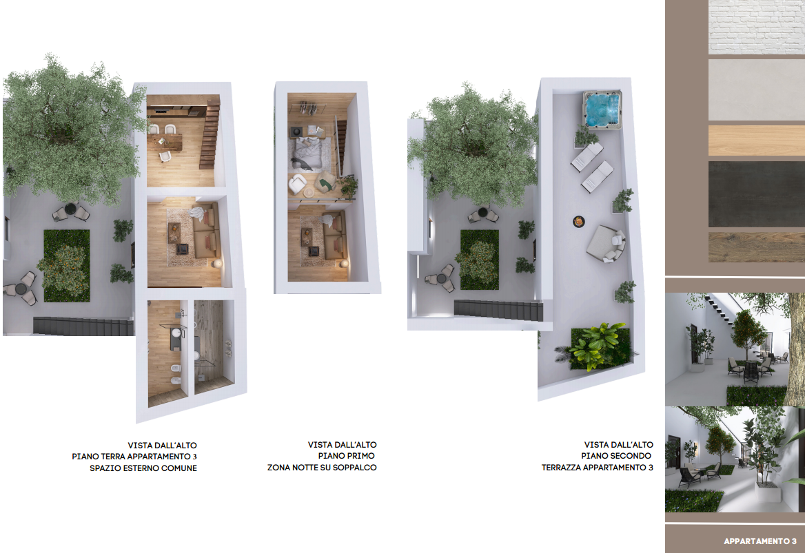 Tavola di progetto dell'Appartamento 3 della casa indipendente a Catania: viste dall'alto del piano terra, della zona notte su soppalco e della terrazza al piano secondo